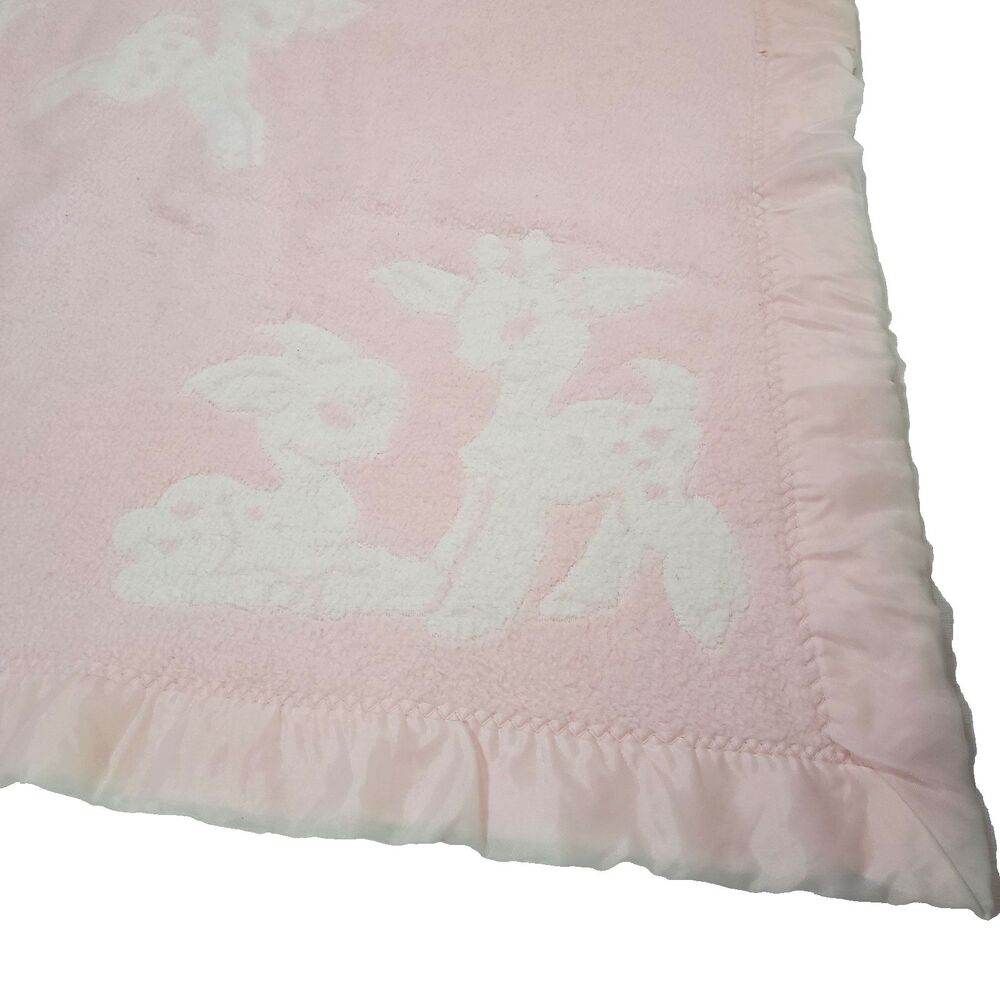 Vtg Baby Deer Satin Trim Blanket David Fussenegger Pink‎ Fleece Lovey Reversible